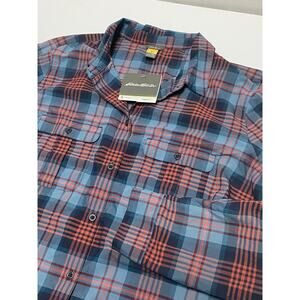 Eddie Bauer Shirt Womens XLT Blue Pucker Plaid Poly Nylon Button Up Roll Tab